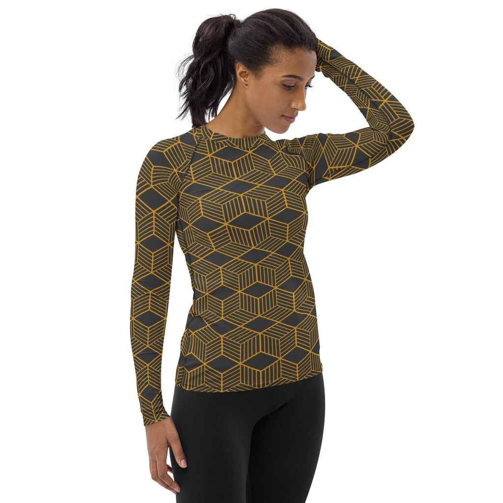 Black rash guard for women Gold print geometric - 4
